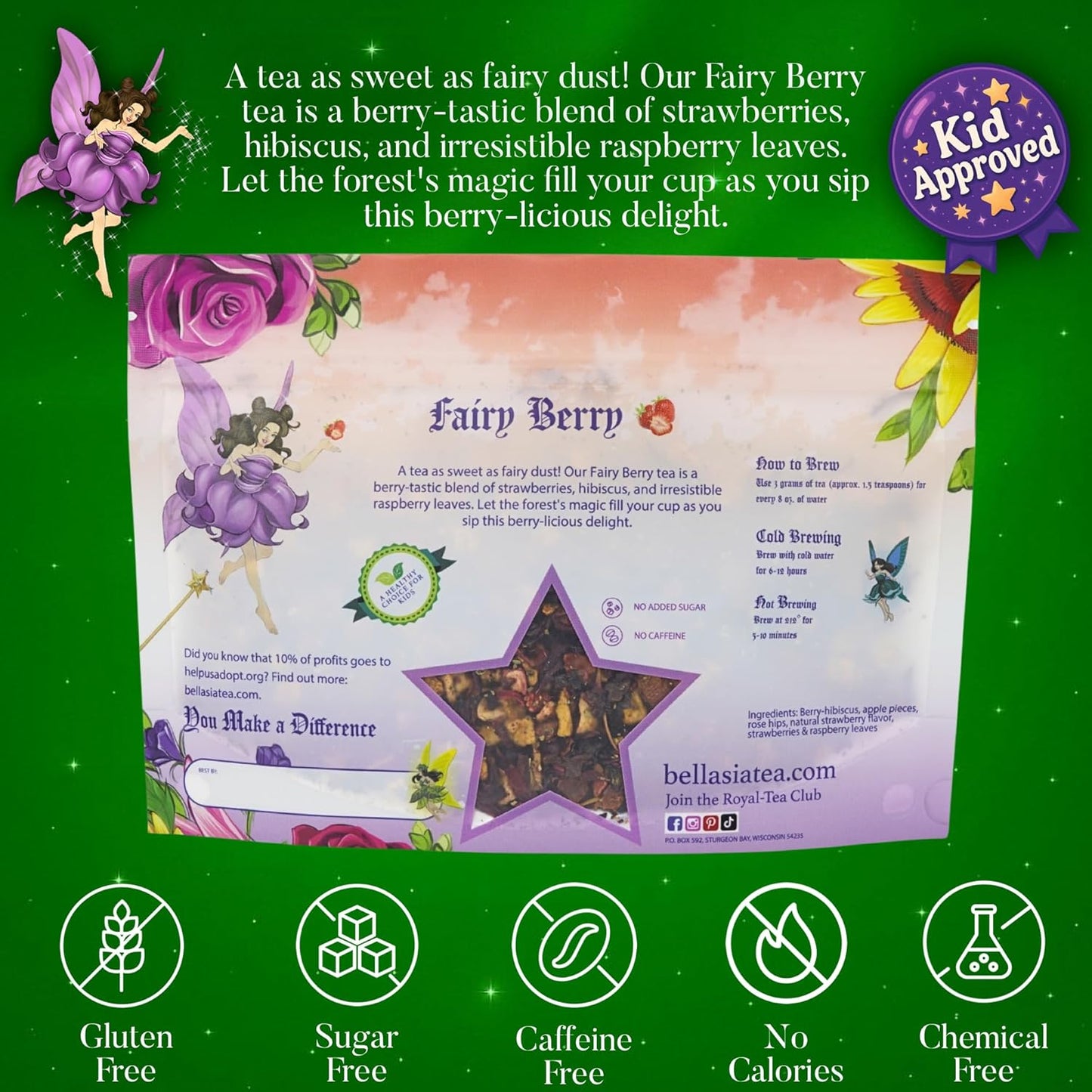 Bellasia Tea Fairy Berry for Kids Using Real Fruit Pieces - Caffeine Free Herbal Tea Blend with Real Ingredients & Balanced Flavor- Add Loose Leaf Tea to Your Child’s Routine for A Fun & Tasty Drink. 20-25 Cups