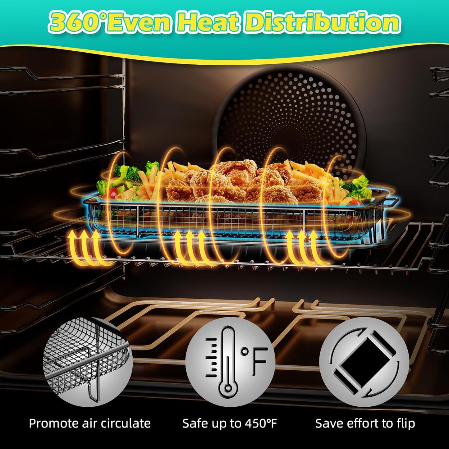 Air Fryer Basket, OPENICE 2 Set Air Fryer Pan and Crisper Tray for Oven, Non-stick Oven Air Fryer Basket for Baking and Crispy Foods - Black