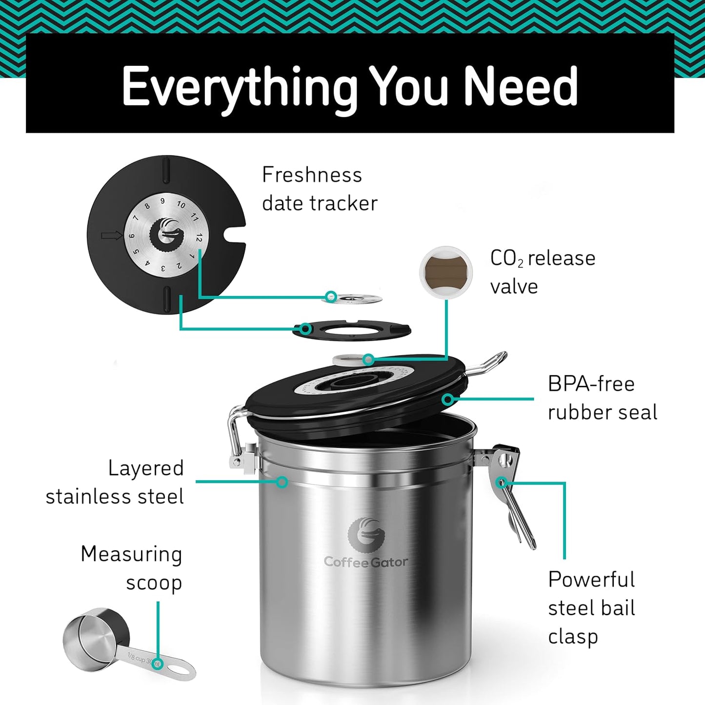 Coffee Gator Coffee Canister, 22oz Airtight Stainless Steel Kitchen Food Storage Container with Date-Tracker, CO2-Release Valve and Scoop for Beans, Grounds, Sugar, Cookies Jars, Tea, Cereal - Gray