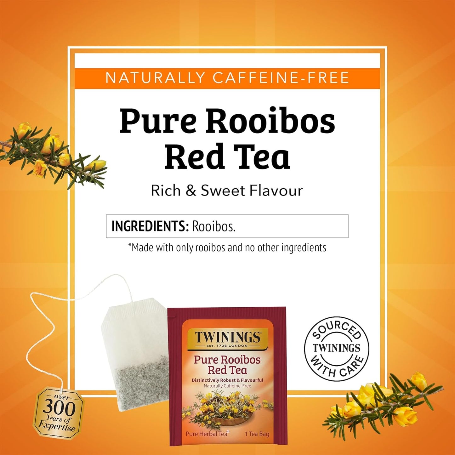 Twinings Pure Rooibos Red Herbal Tea Individually Wrapped Bags, 20 Count (Pack of 6), Sweet with Uplifting Aroma, Naturally Caffeine-Free, Enjoy Hot or Iced, 120 Teabags