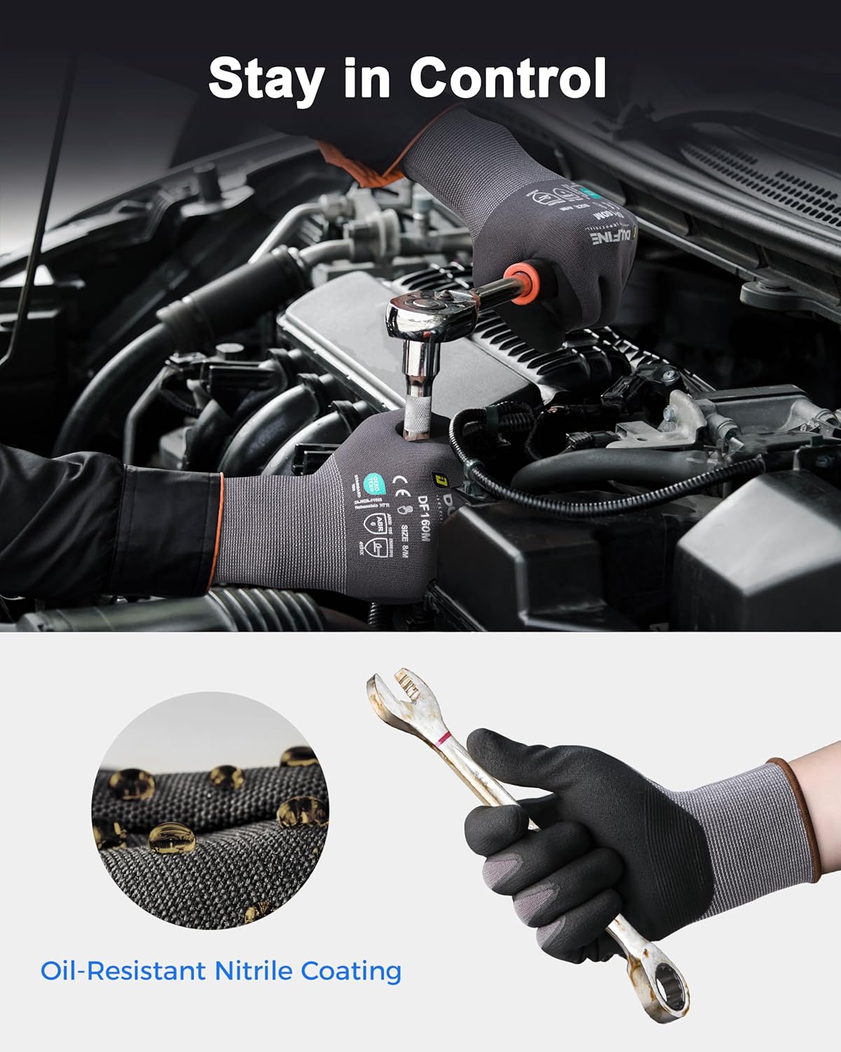 DULFINE Safety Work Gloves MicroFoam Nitrile Coated-6 Pairs Pack,Seamless Knit Nylon Glove with Black Micro-Foam Nitrile Grip,Ideal for General Purpose,Automotive,Home Improvement,Painting(Large)