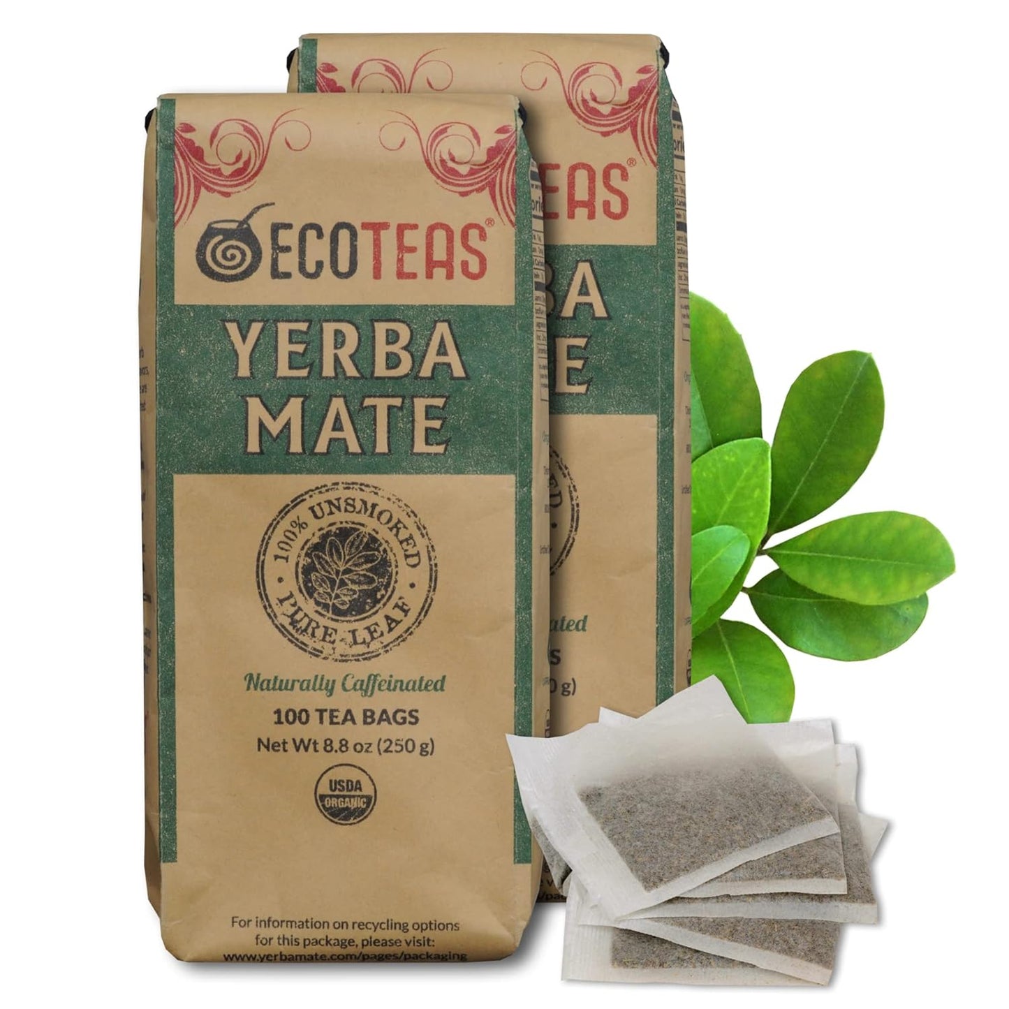 ECOTEAS Premium Organic Yerba Mate Tea Bags – Natural Energy & Detox Herbal Tea – Coffee Alternative - Kosher, Non-GMO, Gluten-Free - 100 Unsmoked Bulk Bags, 8.8 oz (Pack of 2)