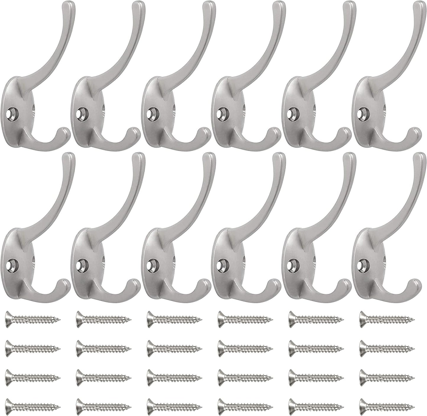 IBosins 12 Pack Silver Coat Hooks Wall Mounted with 24 Screws Retro Double Hooks Utility Silver Hooks for Coat, Scarf, Bag, Towel, Key, Cap, Cup, Hat