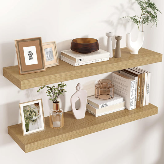 Floating Shelves - 2 Large Wall Mounted Shelves with Invisible Brackets, Long Wood Floating Wall Shelf for Living Room, Bedroom, Kitchen (Oak, 36" W x 9" D x 1.5" H)