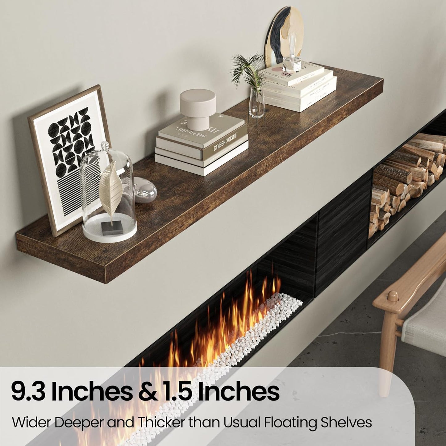 Floating Shelves for Wall, 48"W x 9.3"D x 1.5"H, Wooden Wall Mounted Display Shelf with Invisible Brackets for Living Room, Bedroom, Bathroom, Kitchen Decor and Storage, Set of 1, Rustic Brown