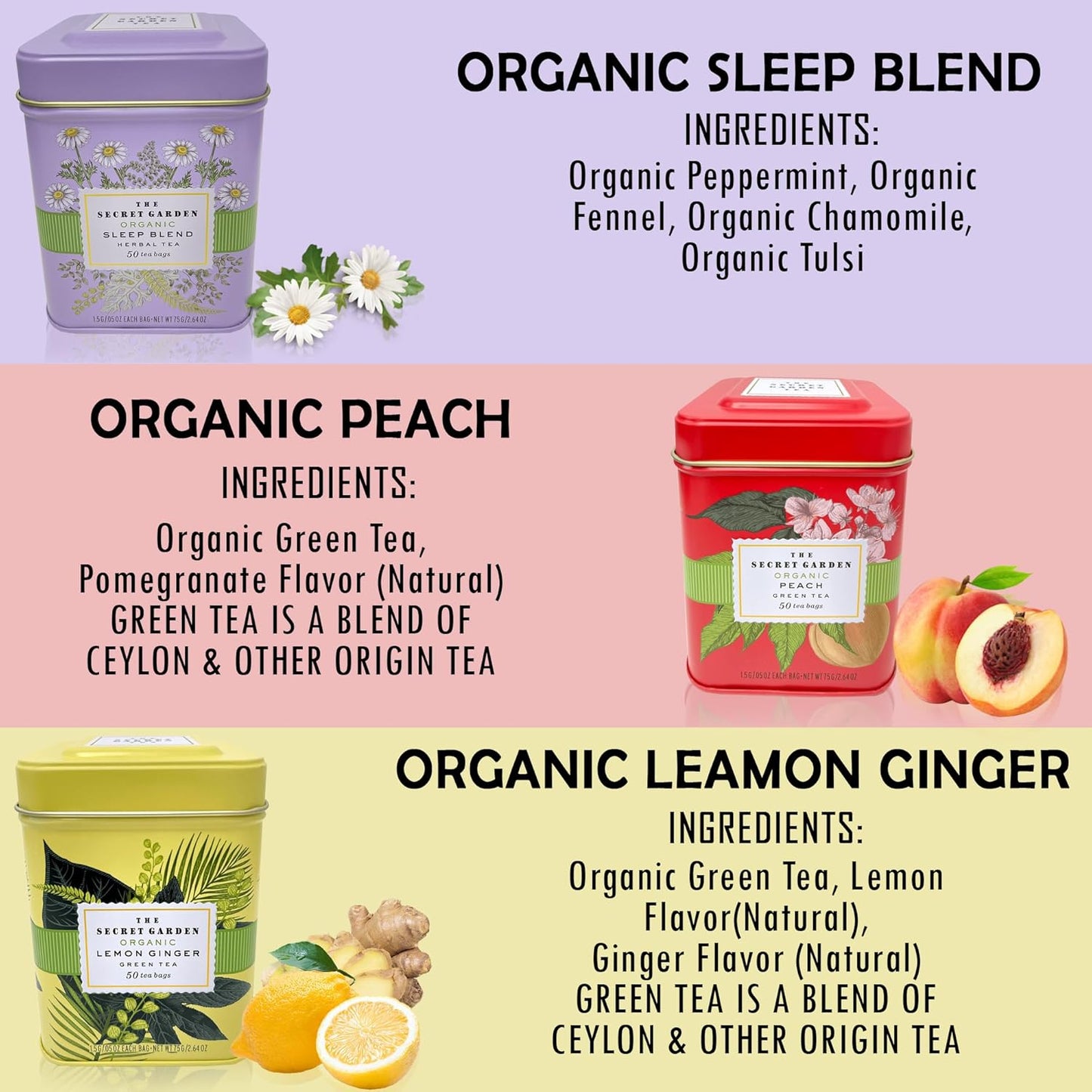 Premium USDA Organic Ceylon Tea Sampler Set - 6 Flavors, 50 Bags Per Tin (300 Total) Variety Pack Non-GMO, Herbal, Fruity, Green & Black, Caffeinated & Decaffeinated