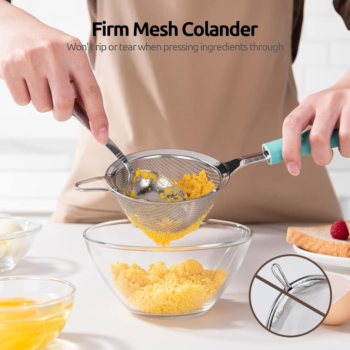 18/8 Stainless Steel Mesh Strainer: U-Taste 3.9 Inch Kitchen Fine Mesh Sieve Food Colander with Riveted Sturdy Silicone Handle and 30 Mesh Hole for Straining Flour, Quinoa, Tea, Juice (Aqua Sky)
