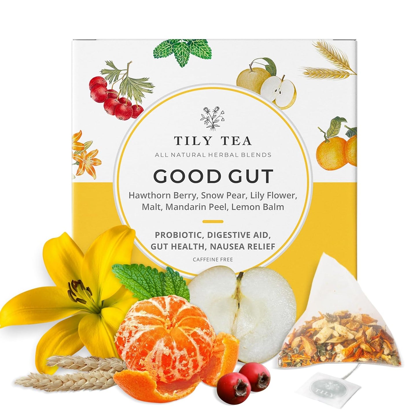Tily Tea Good Gut Herbal Tea - Natural Prebiotic Tea for Digestive Support - Caffeine Free - 10 Plastic-Free Tea Bags