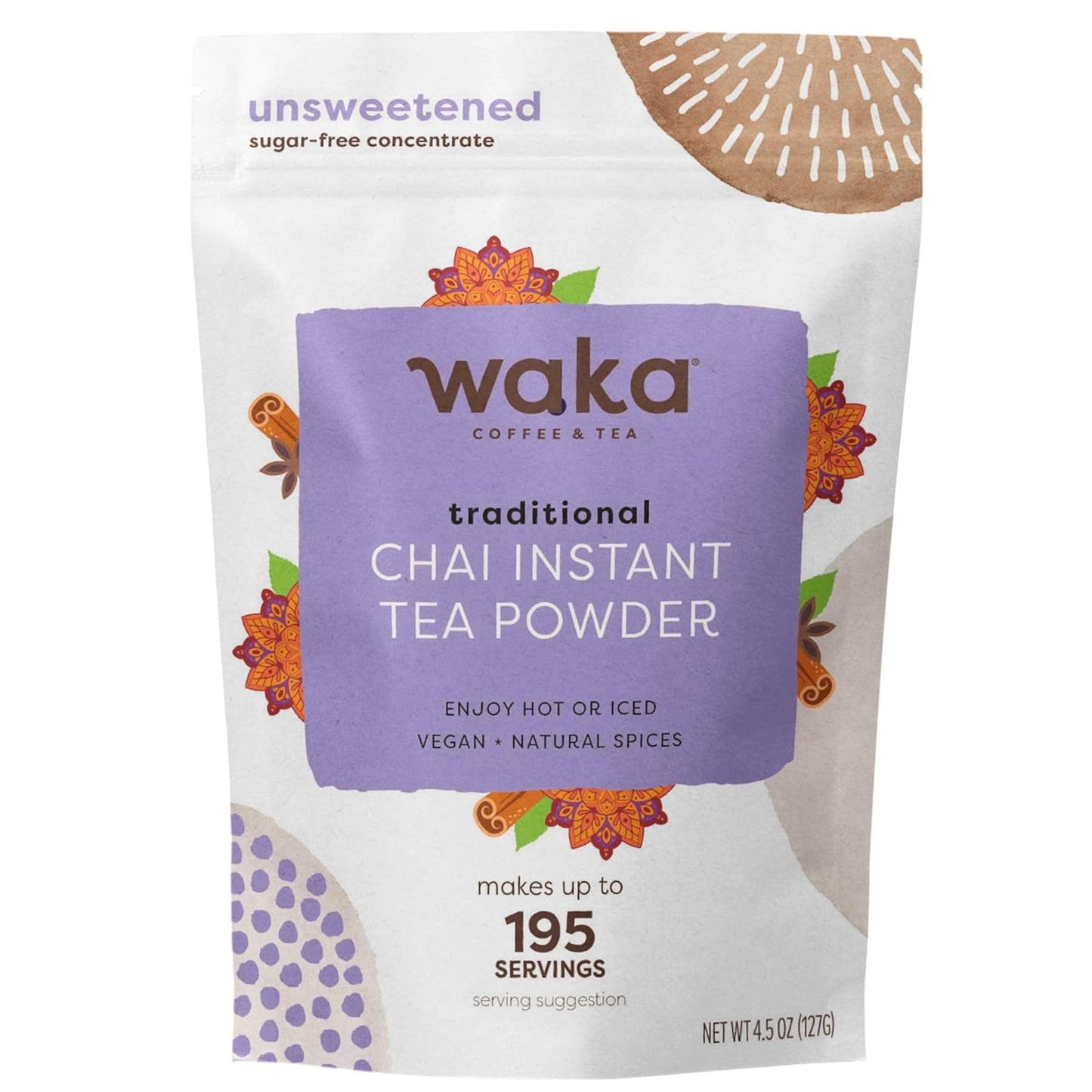 Waka Traditional Chai Tea Powder Mix - Chai Tea Concentrate Sugar Free. Pure Leaves from India, Natural Spices, Unsweetened, No Additives (4.5oz Pouch, 195 Servings)