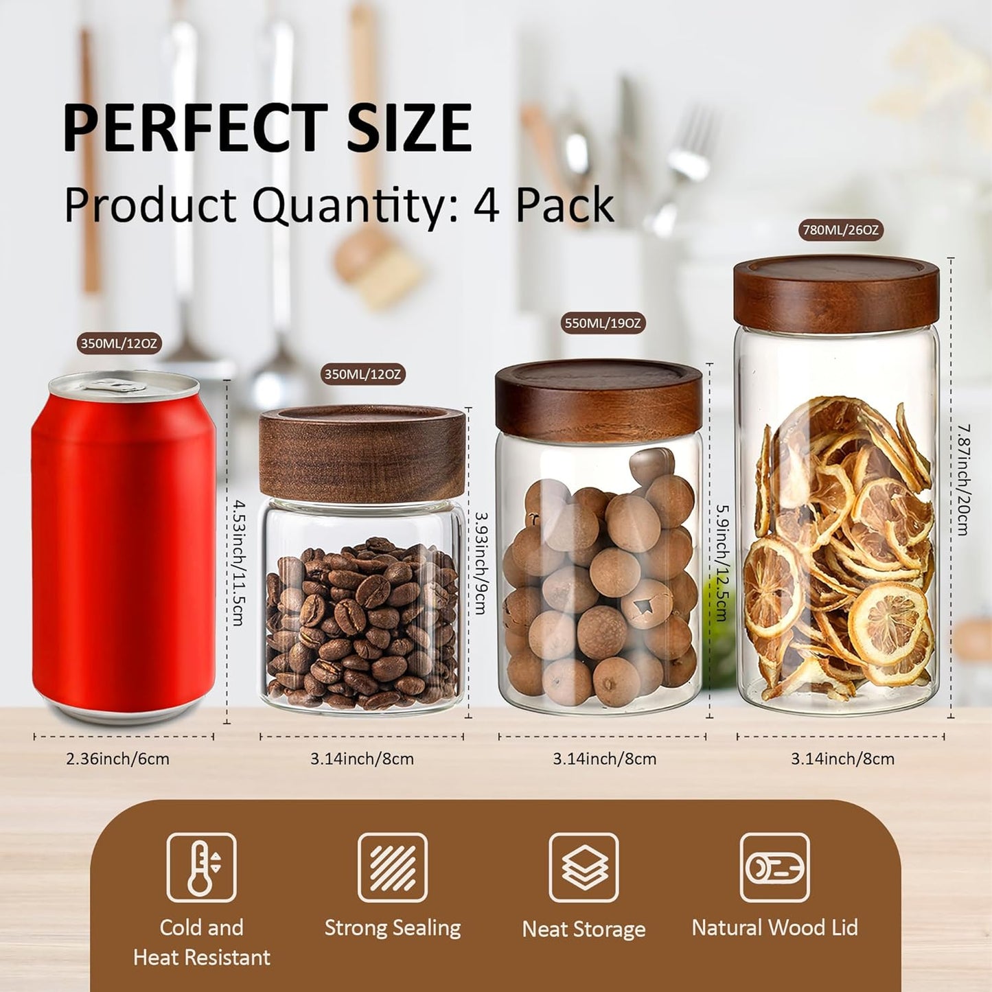 26 oz/850 ml Clear Glass Storage Canister with Airtight Wooden Lid, 4 Pack Small Overnight Oats Containers, Cute Decorative Salad Jar for Snacks Yogurt Spice Sugar Cereal Fruit Coffee Tea