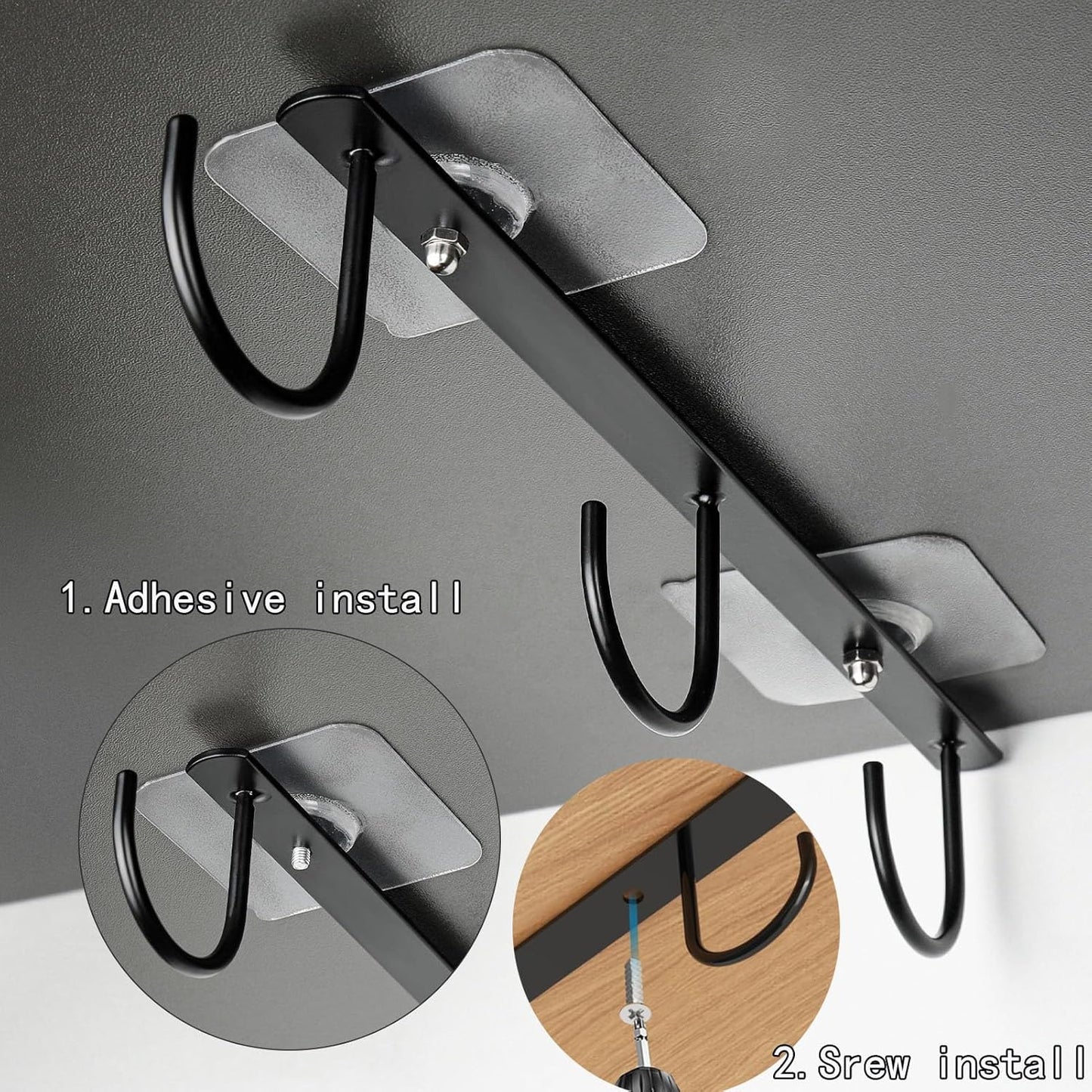 3pcs Under Cabinet Mug Hooks,Adhesive/Screw 2 Ways Install Mug Holder,Coffee Cups Hook with 9 Hooks,Mug Organizion Rack for Displaying Mugs/Cups/Kitchen Utensils (Black)