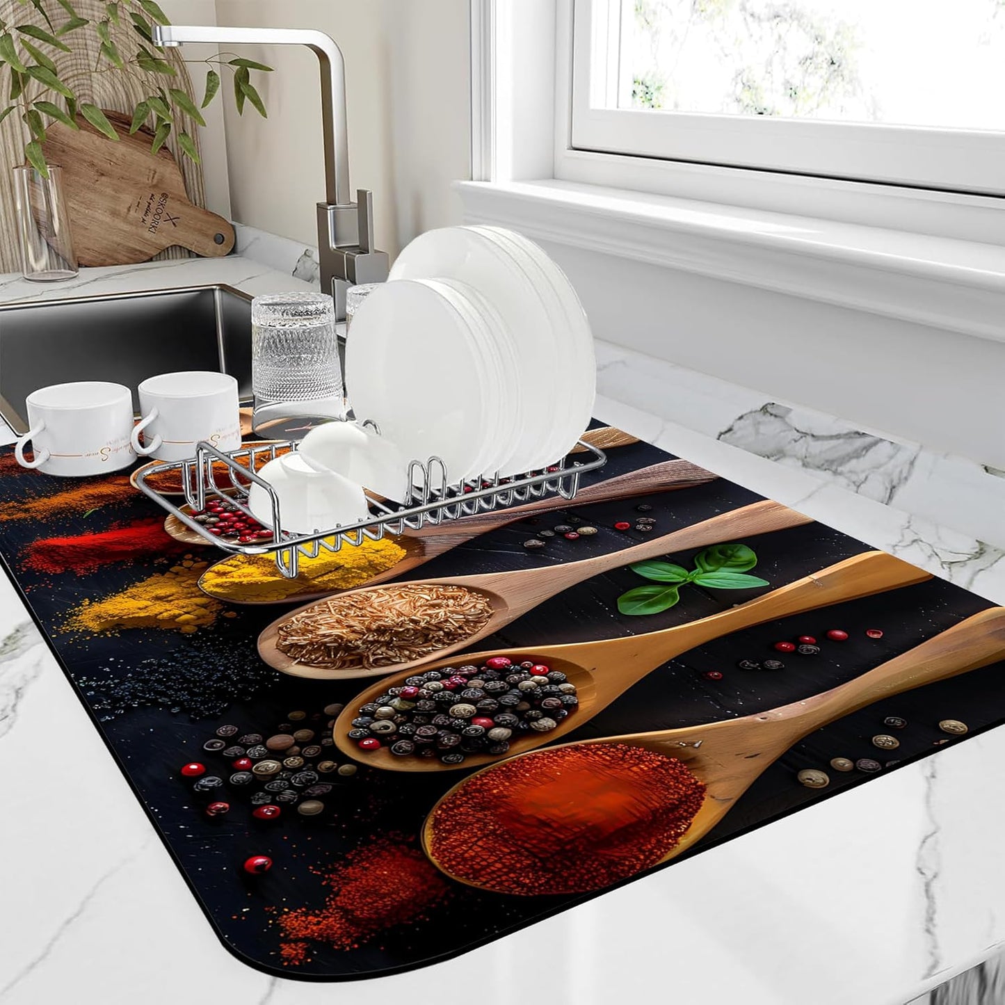 Dish Drying Mat Colorful Spices Herbs Kitchen Mat 12"x19" Bsorbent Coffee Maker Mat for Dishes,Utensils Coffee Maker Pots and Pans Easy Clean Dish Slip Resistant Pad