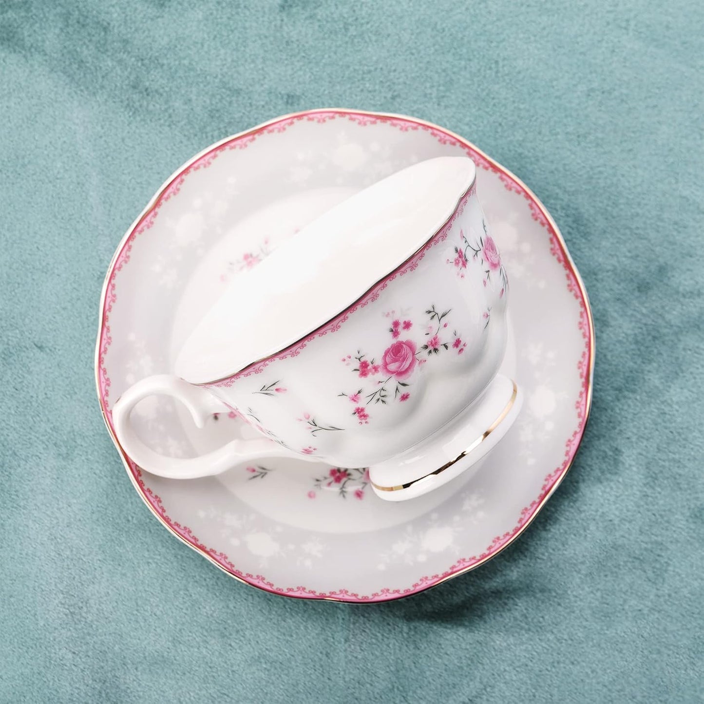fanquare Vintage Porcelain Tea Set for Women Tea Party, Cup and Saucer Set for 6, Wedding Floral Teapot Set for Adults, Pink Rose