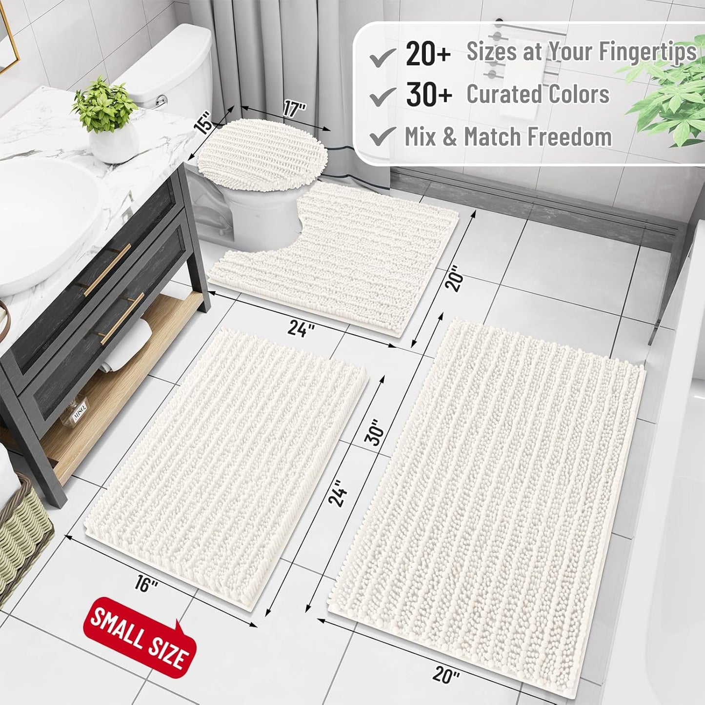 Arotive Luxury Chenille Bathroom Rug Mat, Extra Soft Thick Absorbent Shaggy Bath Rugs, Non-Slip Machine Wash Dry, Plush Bath Mats for Bathroom, Shower and Tub, 60x24, Ivory