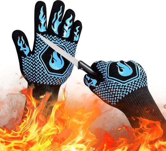 BBQ Fireproof Gloves, Grill Cut-Resistant Gloves 1472°F Heat Resistant Gloves, Non-Slip Silicone Oven Gloves, Kitchen Safe Cooking Gloves for Oven Mitts,Barbecue,Cooking, Frying,13.5 Inch-Sky Blue