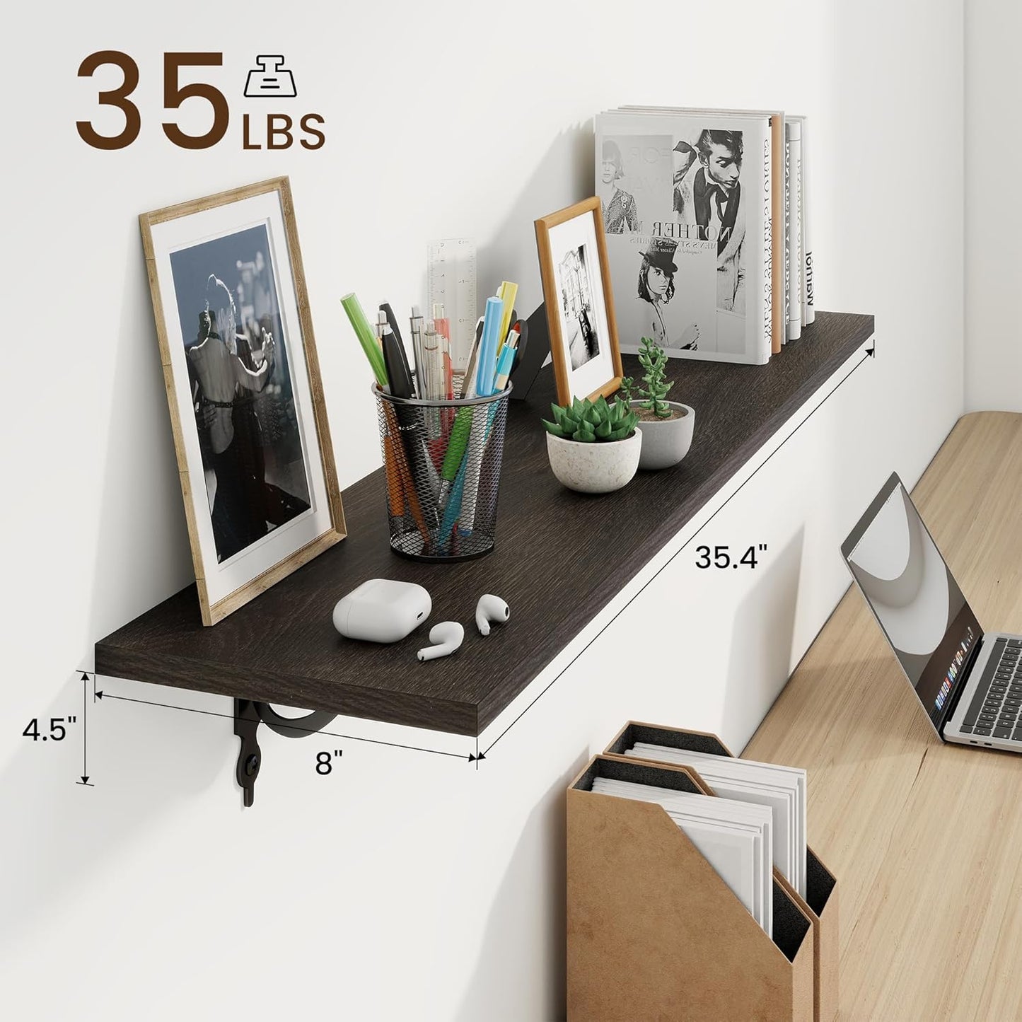 RICHFOCUS Floating Shelves for Wall Decor, 35.4W x 8D Wall Shelves Set of 2, 8 Inch Deep Rustic Wood Shelves Wall Mounted with Brackets, Long Floating Shelves for Living Room Bedroom Kitchen, Black