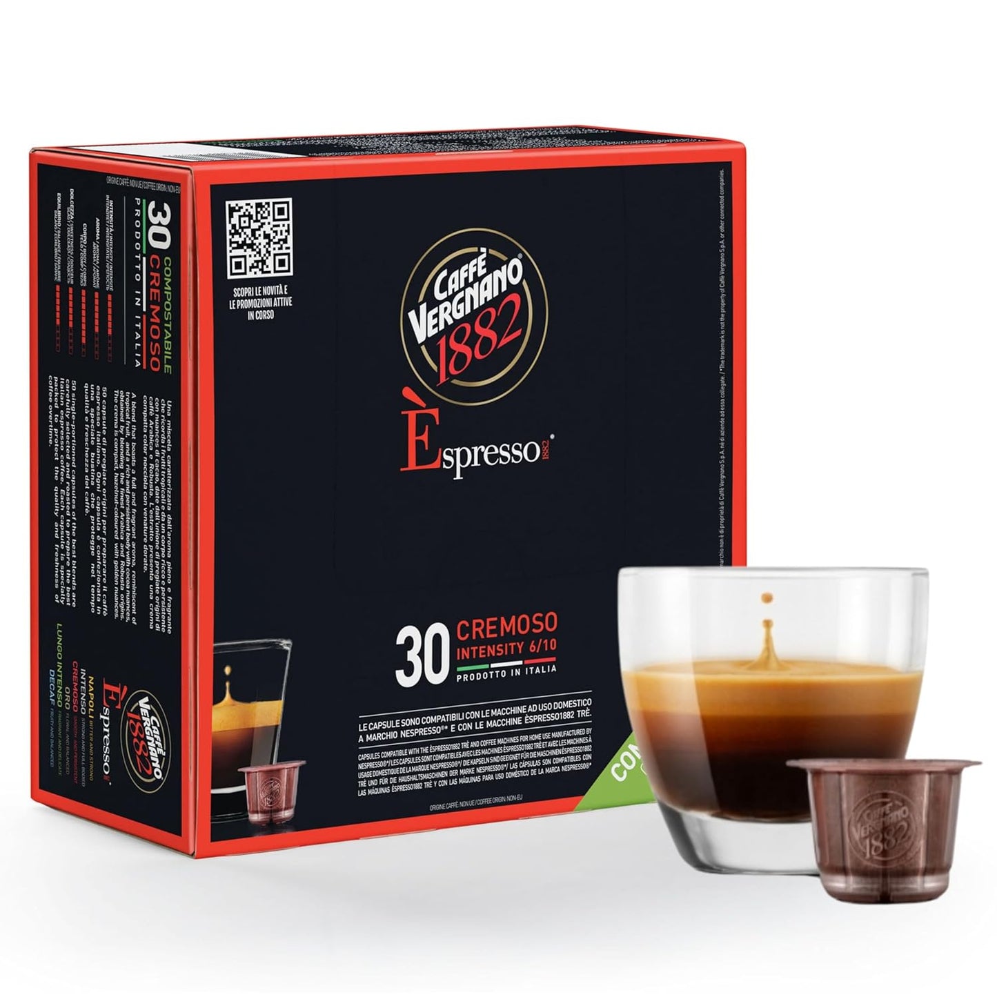 Caffe' Vergnano 1882 Medium Roast Espresso Original Line Machine Compatible Capsules, Single-Serve Arabica Robusta Espresso Coffee, Italian For Nespresso Machines, Intensity 6/10, Cremoso, 30 Ct