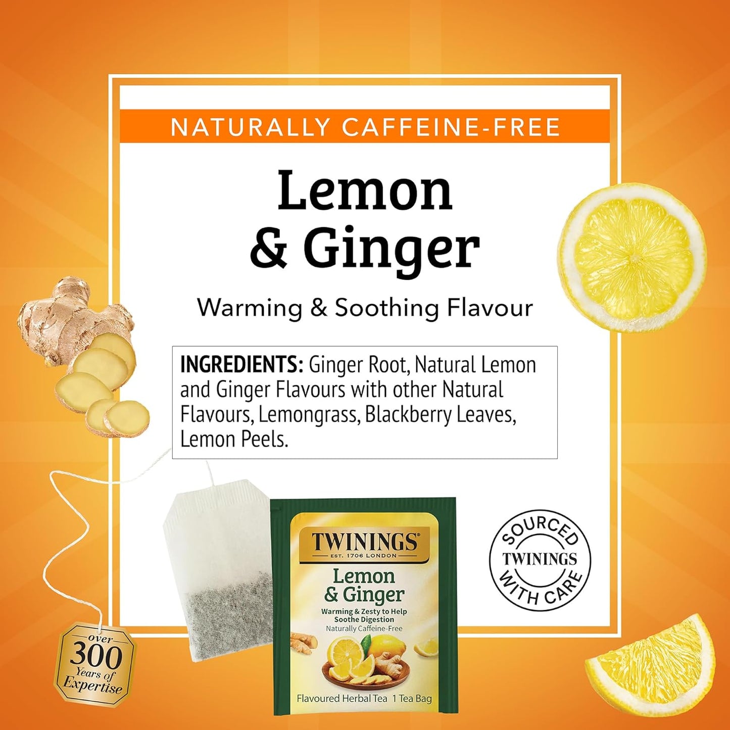 Twinings Lemon & Ginger Herbal Tea Individually Wrapped Bags, 50 Count (Pack of 6), Tangy Lemon & Spicy Ginger, Naturally Caffeine-Free, Enjoy Hot or Iced, 300 Teabags