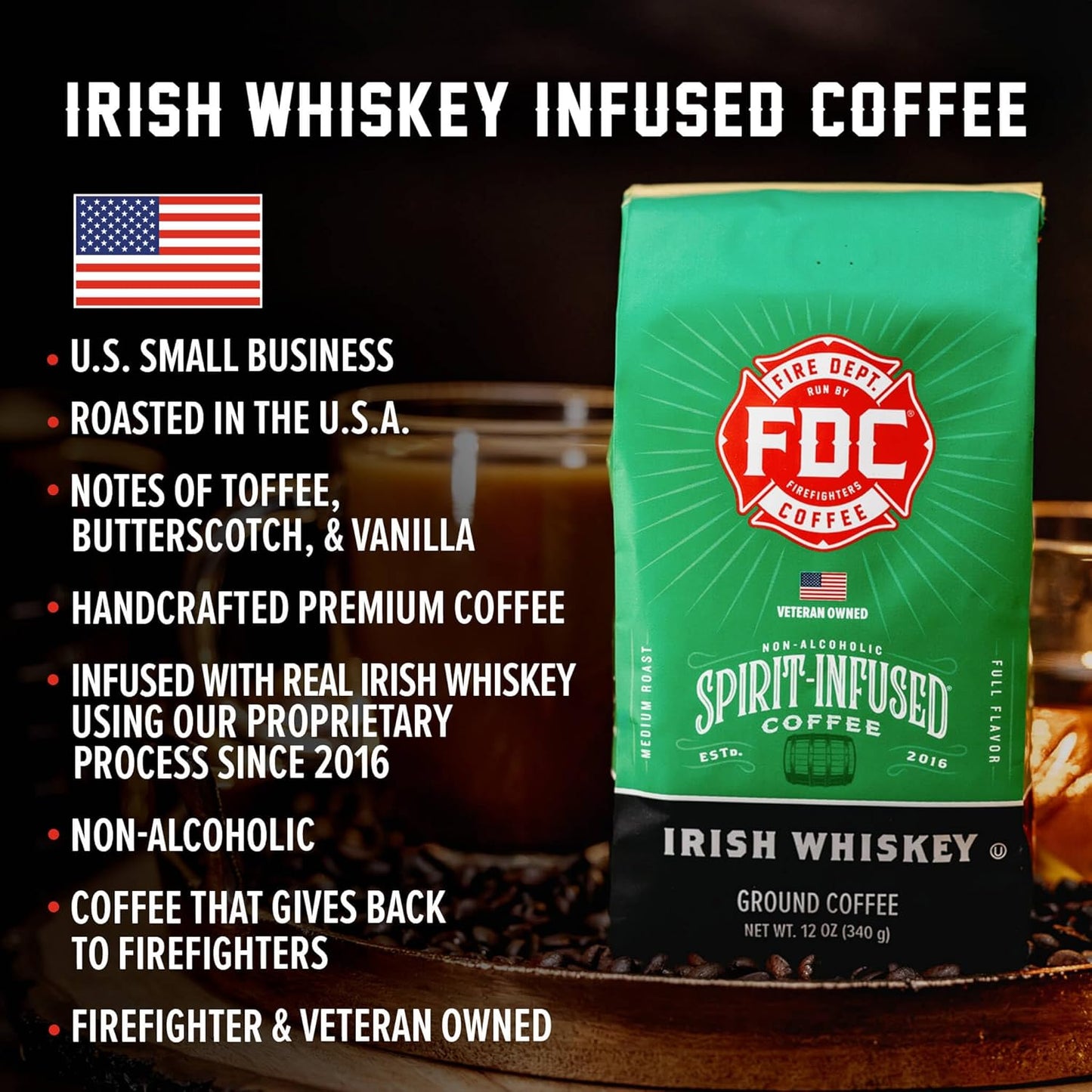 Fire Department Coffee - Gives Back to Firefighters - Irish Whiskey Infused Coffee Beans - Medium Roast - Non-Alcoholic - Roasted in the USA - Whole Bean - Veteran Owned - 12 oz