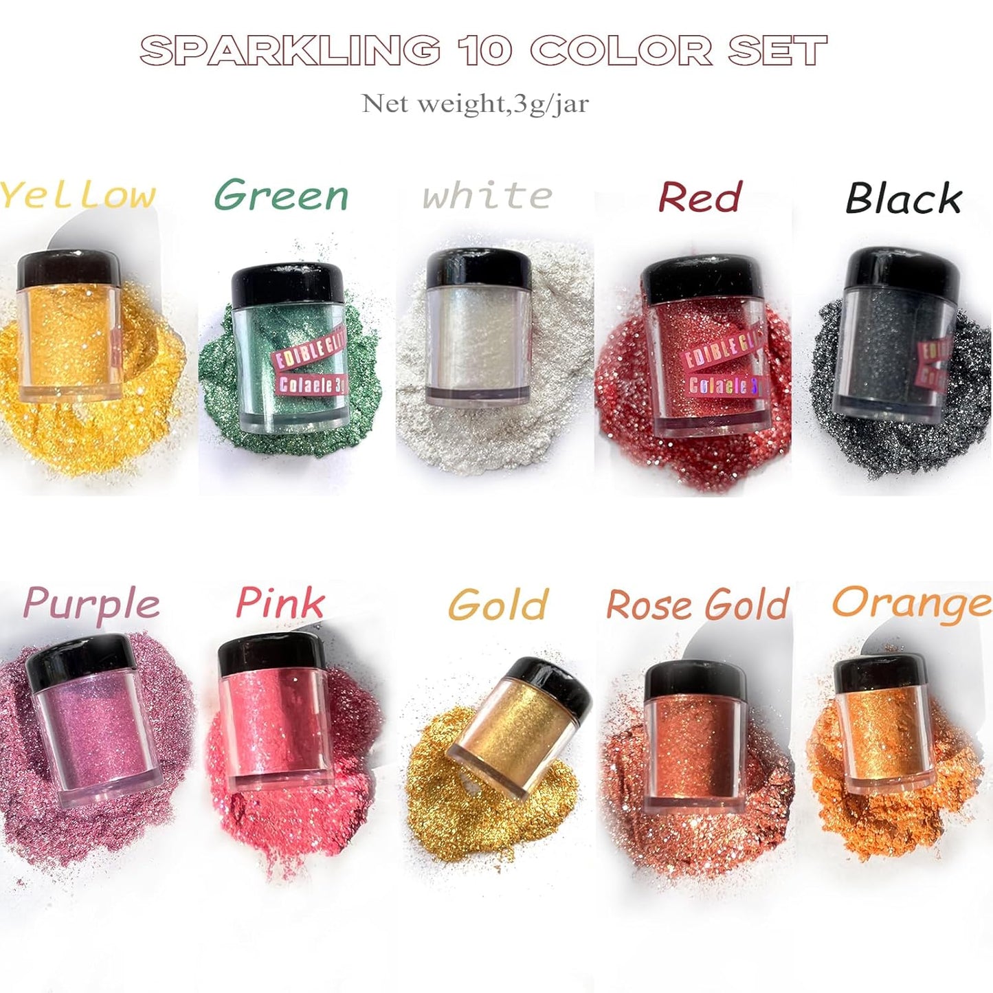 Edible Glitter for Cakes Drinks Luster Dust Set - Colaele 10 Colors Shimmering Disco Glitter Food Grade Metallic Food Coloring Powder Sprinkling for Strawberries, Chocolates, Fondant, Pops, Vegan