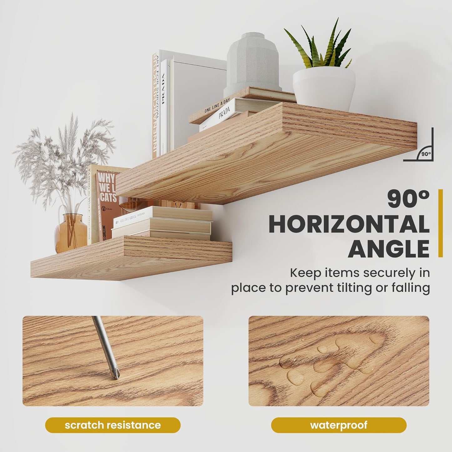 40 Inch Floating Shelves, 9.3" Deep Floating Shelf Wall Mounted, 40" Wall Shelves, Rustic Deep Bookshelf, Large Display Shelves & Storage Shelves for Bedroom, Living Room, Light Brown, Set of 2