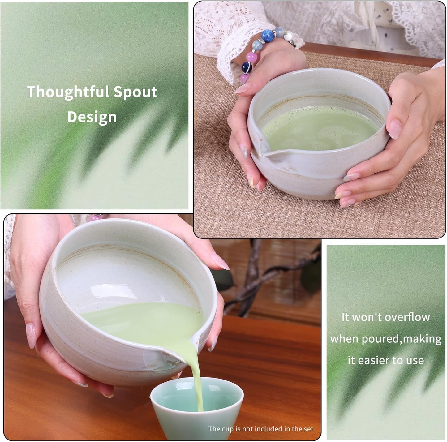 Japanese Matcha Whisk Set - 6-Piece Kit with Bamboo Chasen, Matcha Ceramic Bowl with Spout, Stainless Steel Sifter White