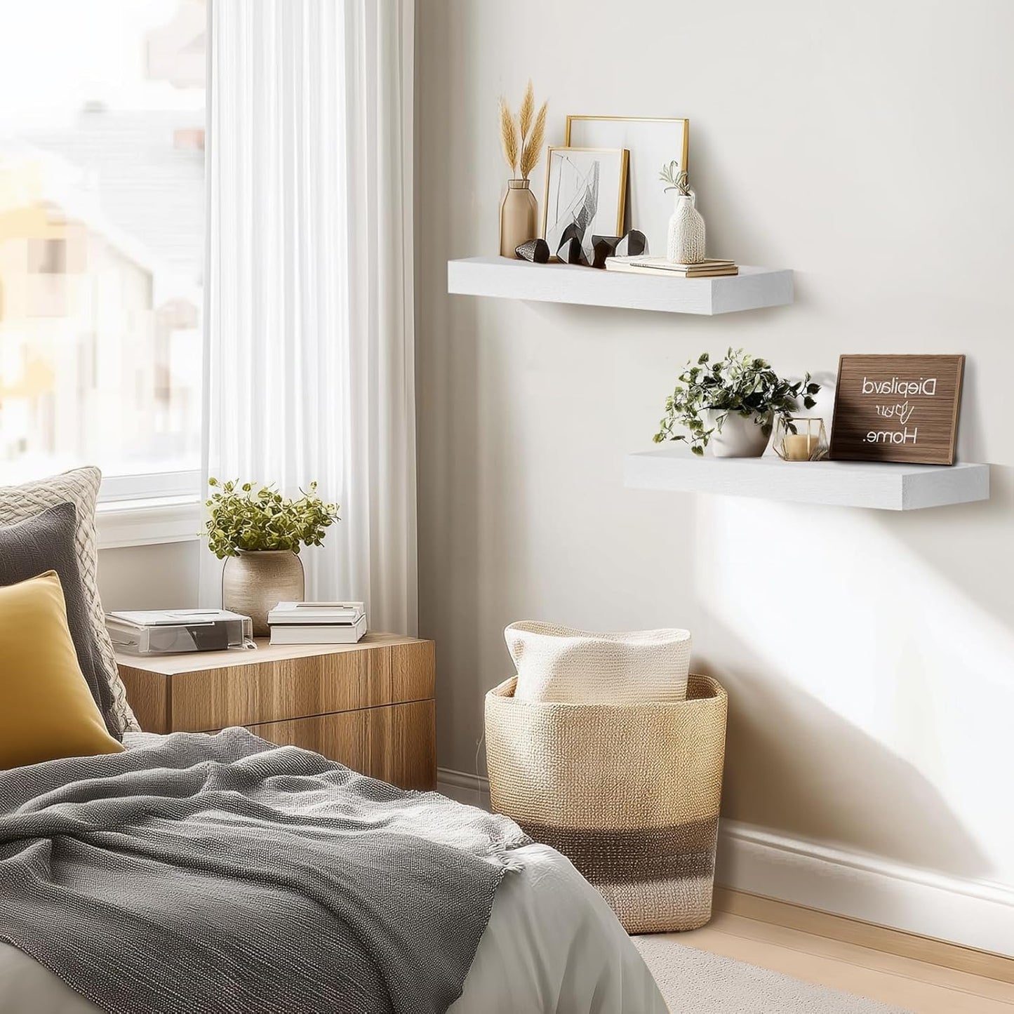 17x8x1.6 inch Floating Shelves Set of 2 – Solid Wood Rustic White Wall Mounted Shelf for Kitchen, Bathroom, Living Room