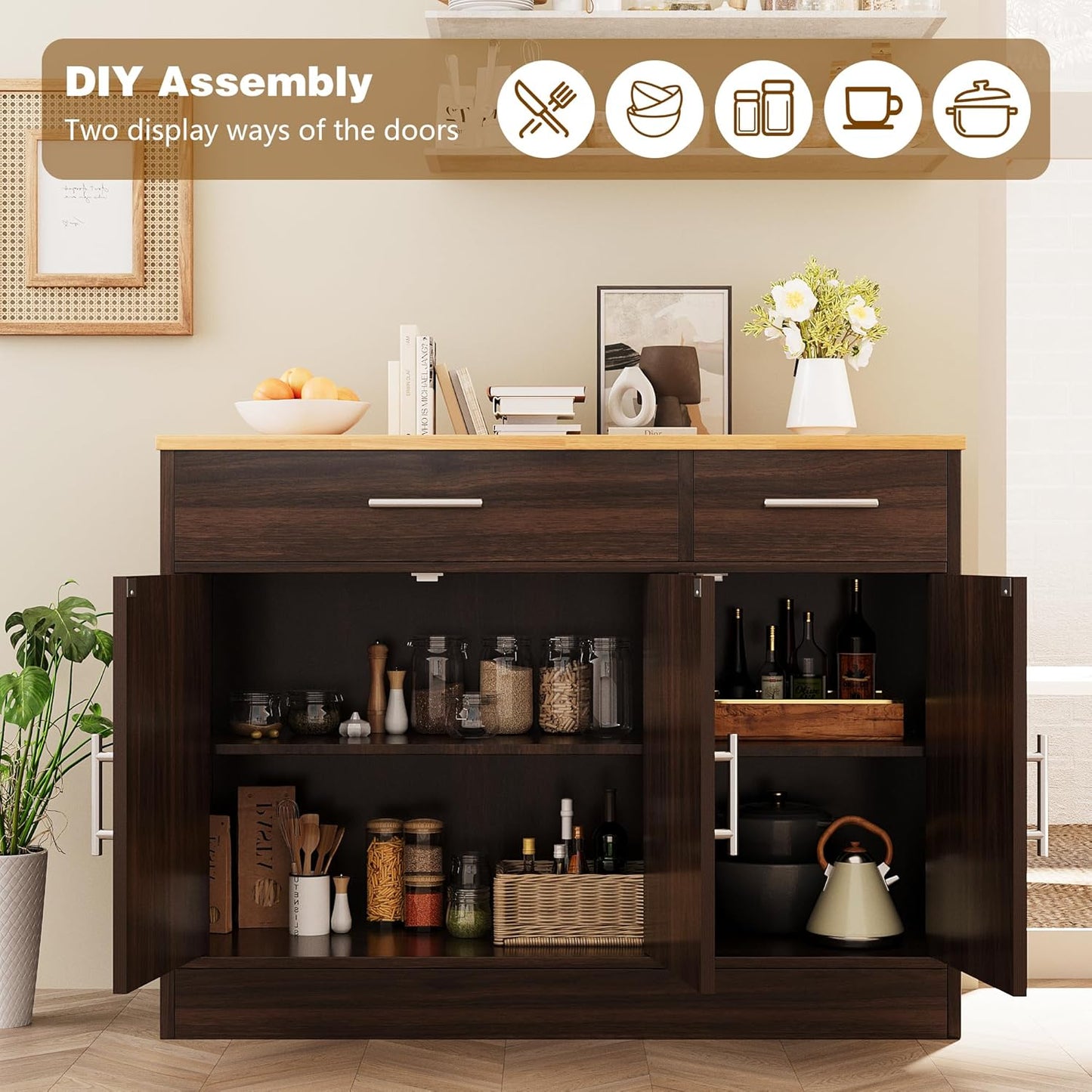 Vongrasig Sideboard Buffet Cabinet with Storage, 43” Farmhouse Coffee Bar Storage Cabinet with Drawers and Shelves, Modern Buffet Table for Kitchen, Dining Room, Rustic Brown