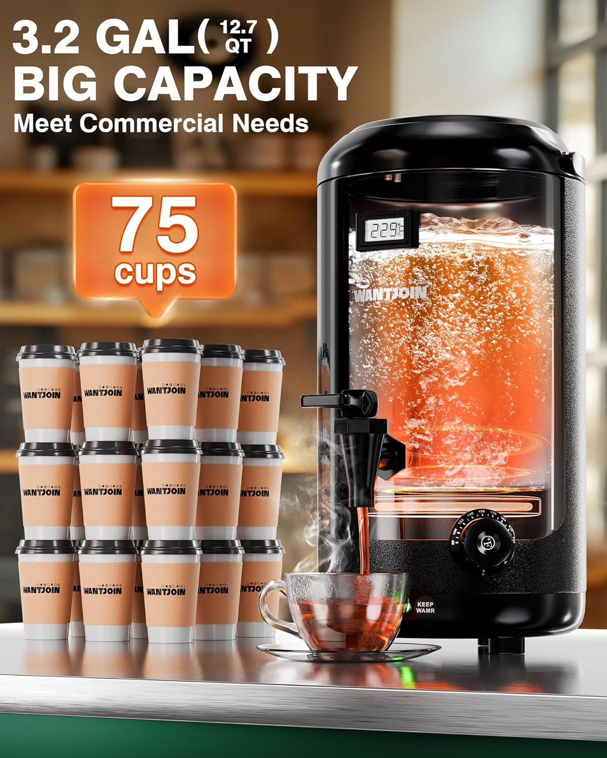 WantJoin Electric Heating Beverage Dispenser-75 Cup Hot&Cold water Urn-Stainless Steel Premium 12 L/3.2 Gallon Hot Drink Dispenser with Spigot for Coffee & Hot tea,Cold Milk,Water,Juice(Black)