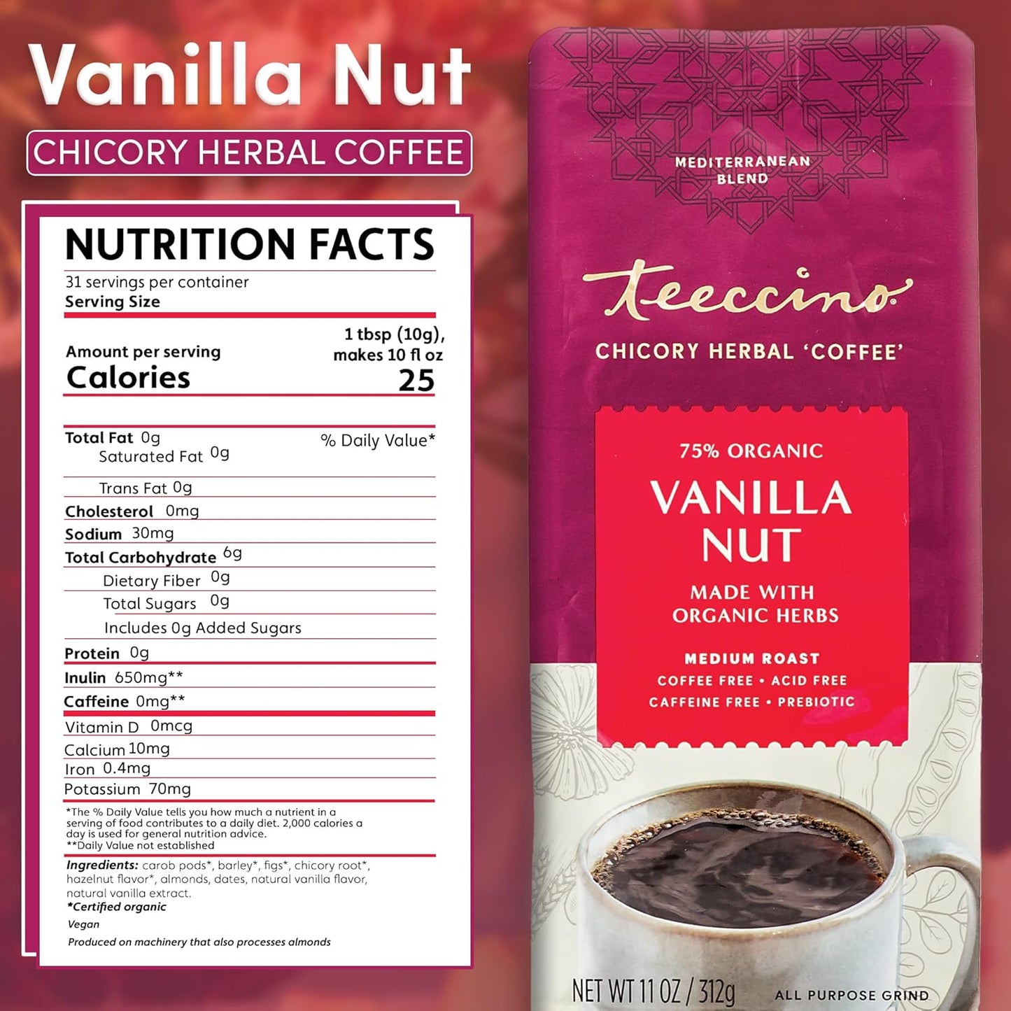 Teeccino Vanilla Nut Chicory Coffee Alternative - 11 Ounce - Ground Herbal Coffee That’s Prebiotic, Caffeine Free & Acid Free, Medium Roast, (Pack of 3)
