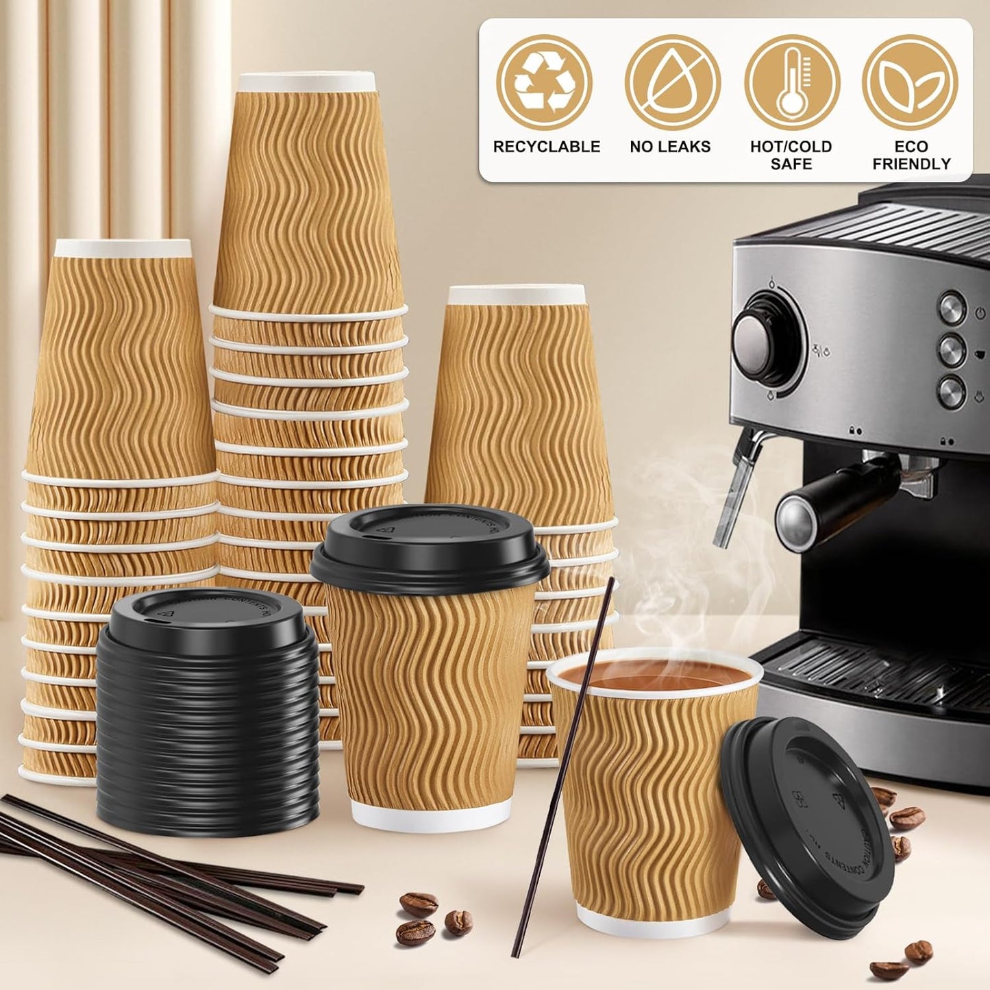90 Pack - 8 oz Disposable Coffee Cups with Lids and Straws,To go Coffee Cups,Insulated Corrugated Paper Cups,Kraft Ripple Wall Cups for Hot Beverage or Cold Drinks -Champagne