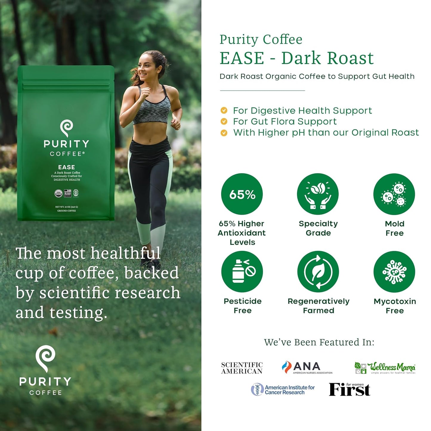 Purity Coffee EASE Dark Roast Ground Coffee for Low Acidity - USDA Organic and Third-Party Tested for Antioxidants, Mold, Mycotoxins and Pesticides - 12oz (Purity Ease, dark_roast) | Ground| EASE