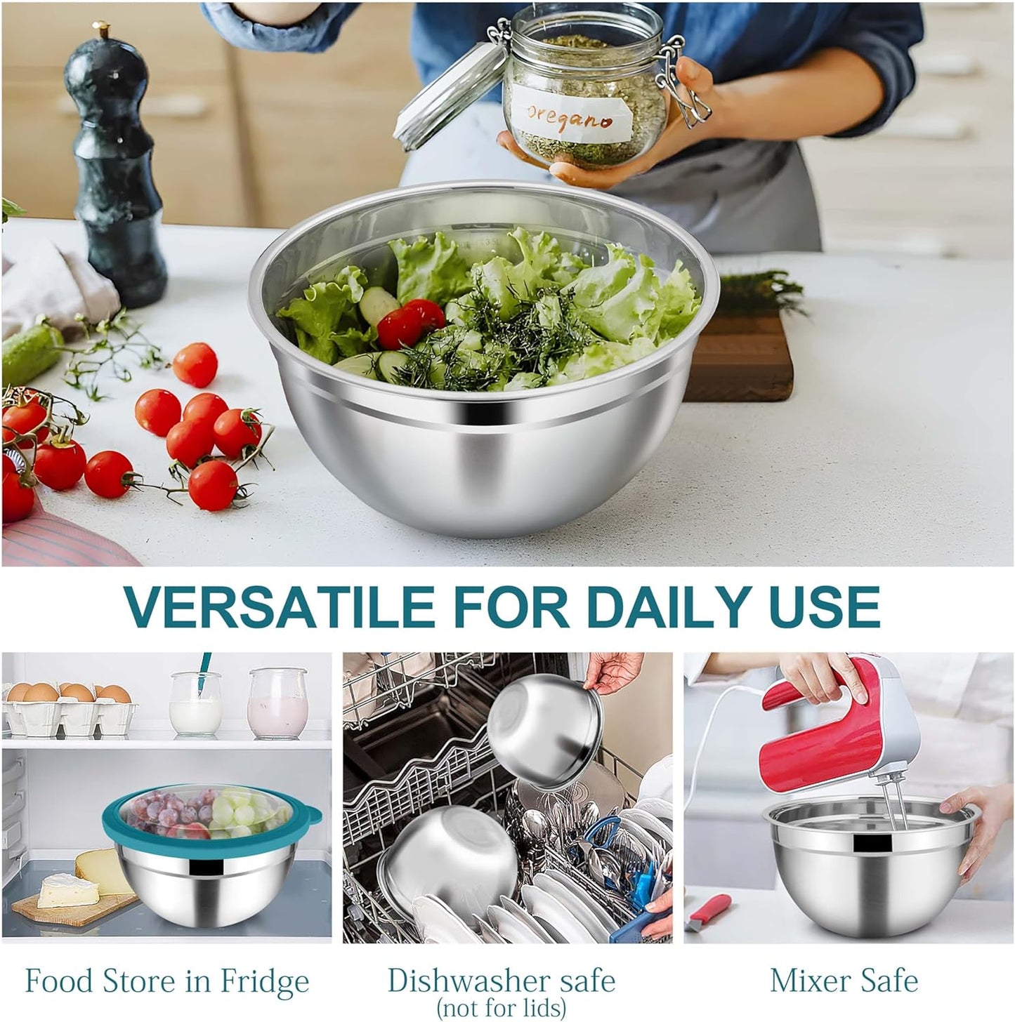 TeamFar Mixing Bowl Set, 4.5/3/1.5 QT Stainless Steel Nesting Salad Bowls with Airtight Lids, For Serving/Mixing/Storing/Prepping, Non-Toxic & Sturdy, Visible & Easy Clean, Dark Blue, Set of 3