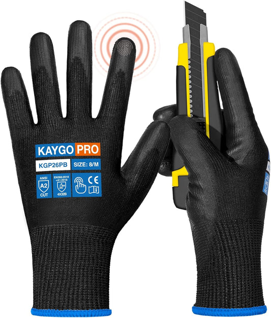 KAYGO Cut Resistant Gloves PU Coated, 12 Pairs Safety Work Gloves with full fingers Touchscreen, ANSI Cut Level A2, for Men and Women, Ideal for General Duty Work KG11P, Black,M