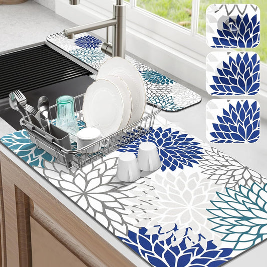 Findosom 2PCS 17" x 32" Dish Drying Mat & 24" x 5.5" Sink Splash Guard, Super Absorbent & Cuttable Dish Mat Drying Kitchen Mat with Blue Floral, Hide Stain Drying Mat for Kitchen Counter