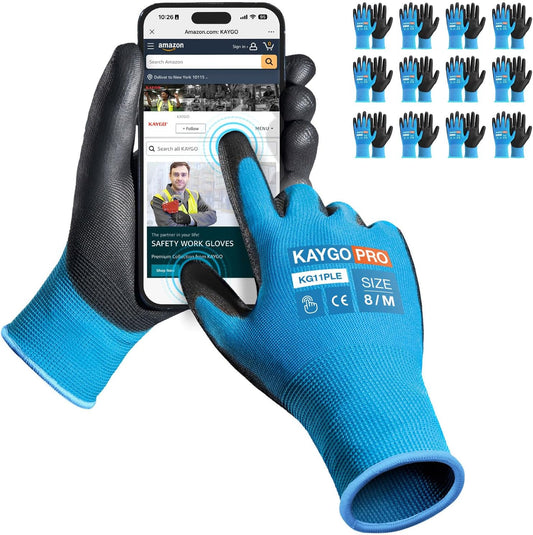 KAYGO Safety Work Gloves PU Coated for Men and Women, KG11P 12 Pairs Seamless Knit Glove with Two Fingers Touchscreen,Ideal for General Duty Work (Blue,M)