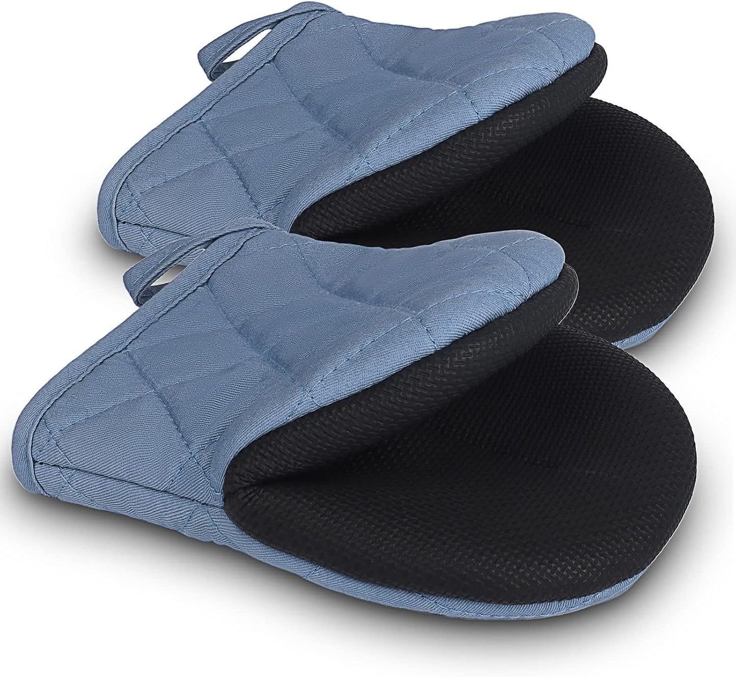 1 Pair Short Oven Mitts, Heat Resistant Silicone Kitchen Mini Oven Mitts for 500 Degrees, Non-Slip Grip Surfaces and Hanging Loop Gloves, Baking Grilling Barbecue Microwave Machine Washable (Sky Blue)