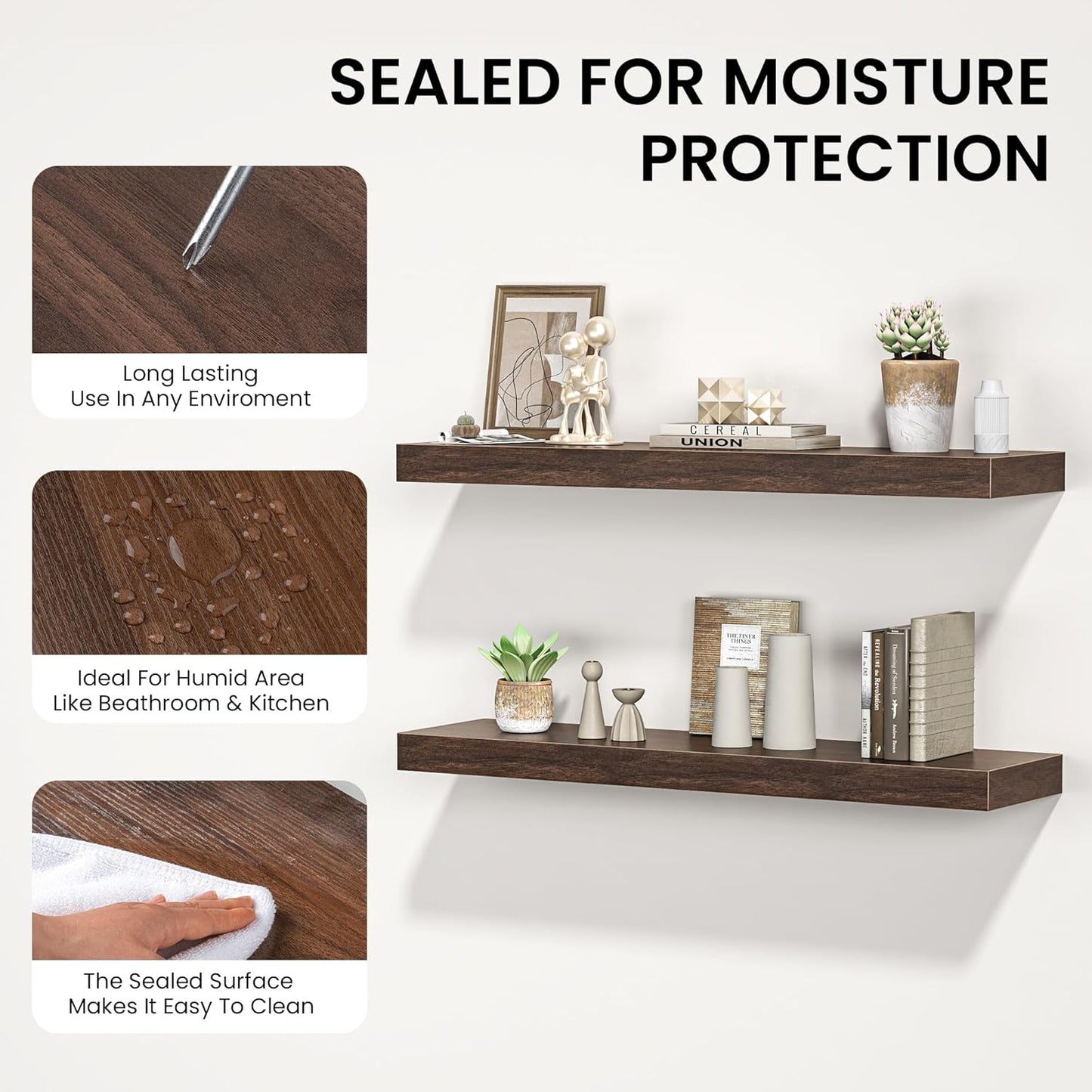 Floating Shelves for Wall, 55"W x 9.3"D x 1.5"H, Long Wooden Wall Mounted Display Shelves with Invisible Brackets for Living Room, Bedroom, Bathroom, Kitchen Decor and Storage, Set of 1, Walnut