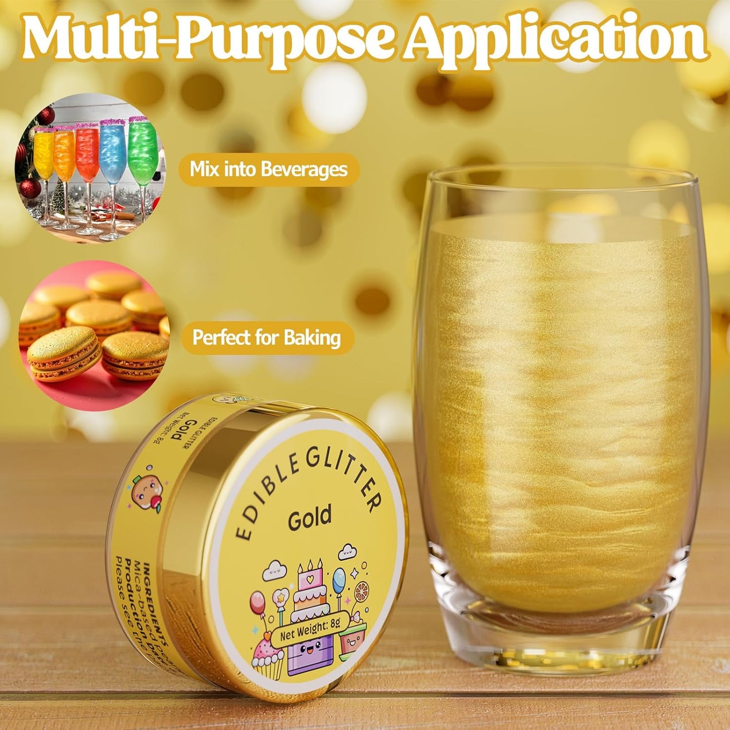 Nomeca Edible Glitter for Drinks Cakes, 8 grams Food Grade Luster Dust Sprinkles Glitter for Cake Decorations, DIY Cocktails, Beverages & Cake Decorating, Dessert Cake Topper (1-Glod)