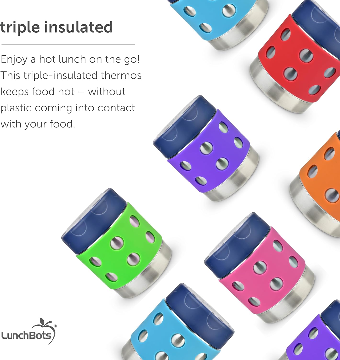 LunchBots Thermal 8 oz Triple Insulated Thermos - Hot 6 Hours or Cold 12 Hours - Leak Proof Thermos Soup Jar - All Stainless Interior - Navy Lid - Pink Dots