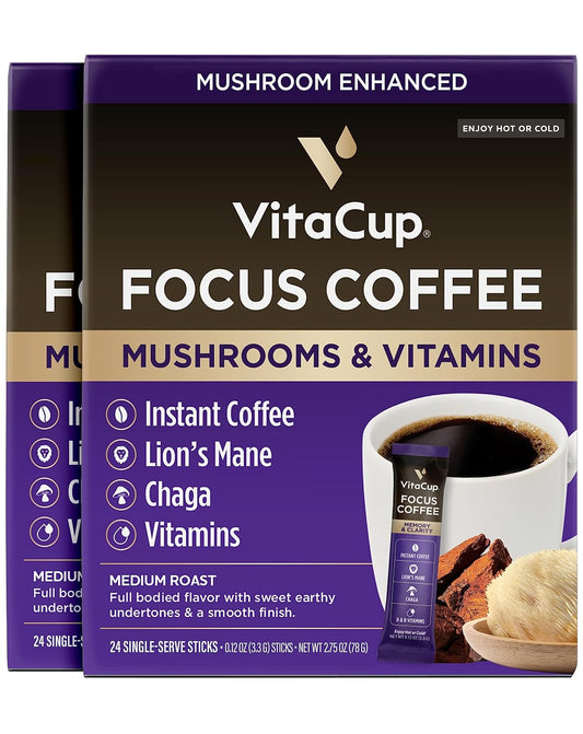 VitaCup Focus Mushroom Coffee Instant Packets, for Memory & Clarity Support, w/Fiber, Chaga, Lion’s Mane, D3, B Vitamins, Medium Roast, 100% Arabica & Robusta Coffee in Single Serve Sticks, 48 Ct