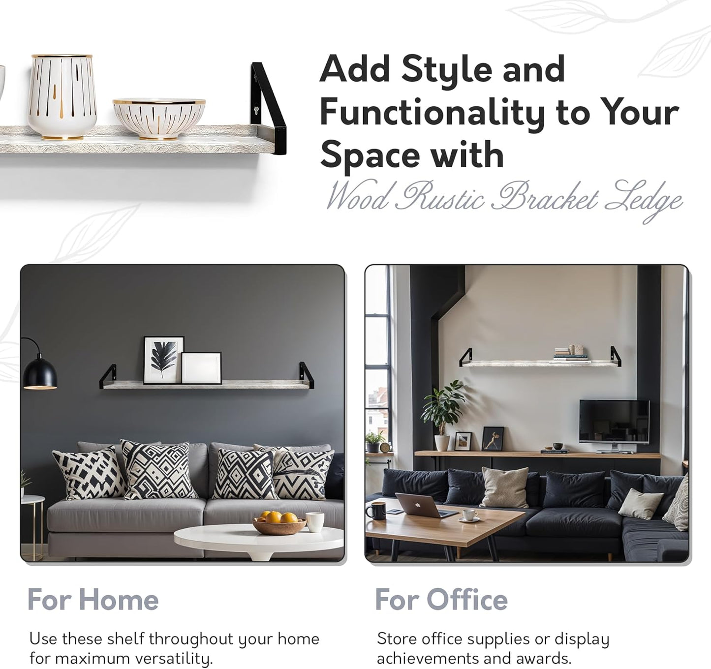 InPlace Shelving, Wall Mounted Real Solid Wood Rustic Bracket Ledge, 5" D x 60" W x 6.1"H, Distressed White, 9602101E