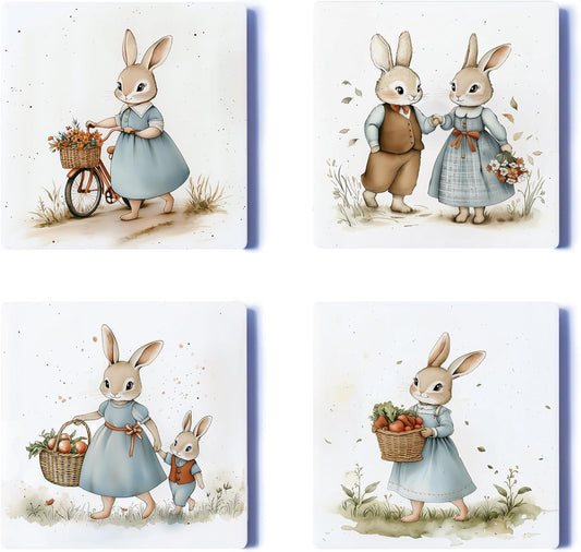 Ceramic Coasters Set of 4 – Square Drink Coasters with Cork Backing, 3.9x3.9 Inches – Decorative Printed Designs for Home, Office, or Gift Use (Mama Rabbit)