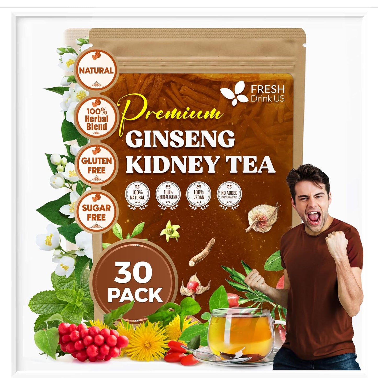 FreshDrinkUS, Ginseng 6 Treasures Kidney Tea, 30 Packs Of Super Kidney Cleanse Detox Tea For Men & Women, 100% Natural Roots & Berries | Caffeine-Free | Adaptogenic Blend for Energy, Wellness & Vitality Support