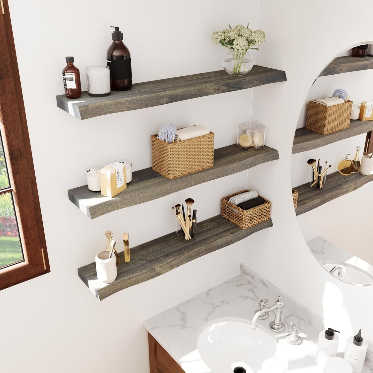 36" Acacia Live Edge Floating Shelves Set of 2 - Wall Mounted Wooden Shelf for Stylish Home Décor - Mocha Color 36x7.5x1.5 Inches