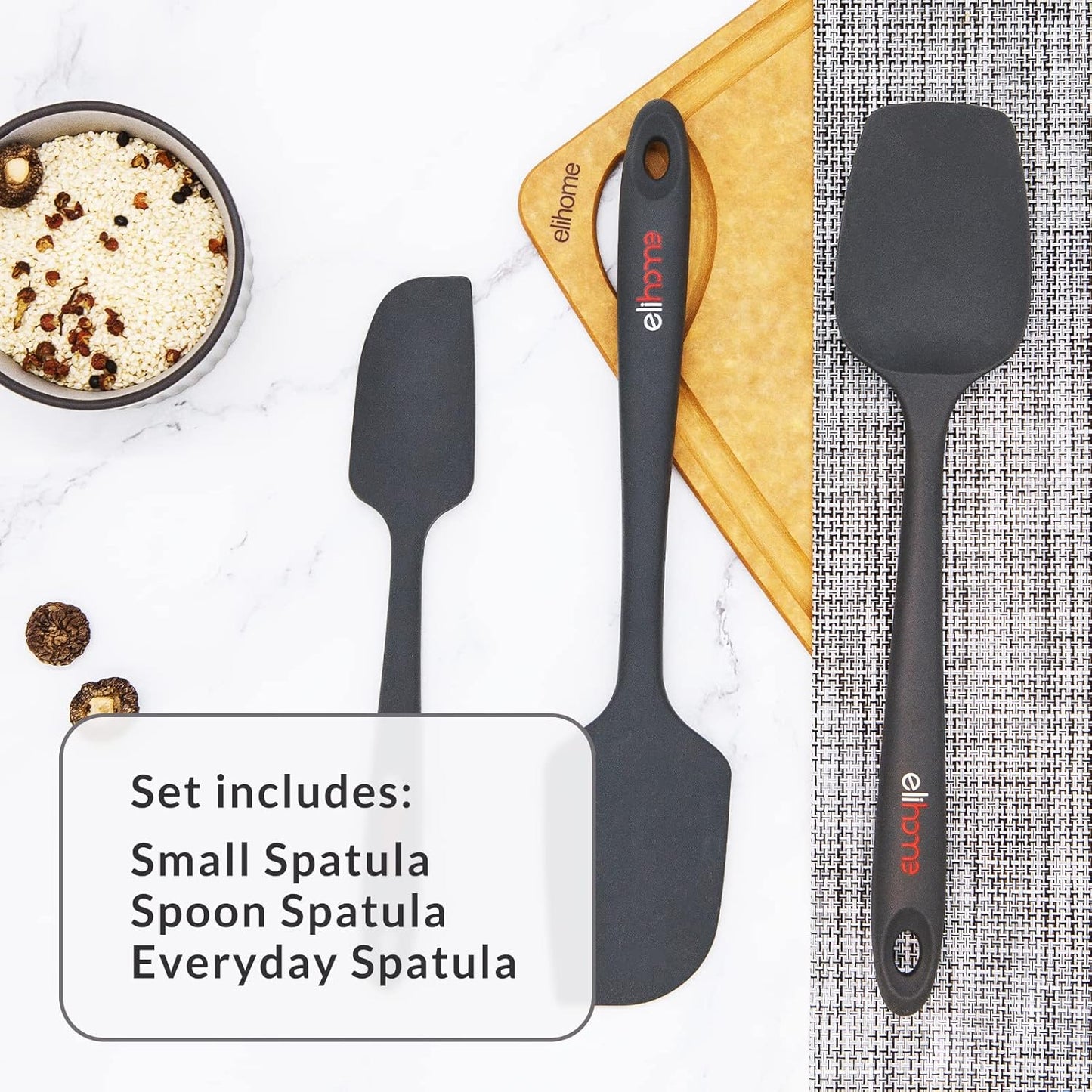 Elihome Chef Series 3 Piece Silicone Spatula Set - 600°F Heat Resistant Non Stick Rubber Kitchen Scraper Spatulas for Cooking, Baking, Mixing – BPA Free and LFGB Certified Silicone(Black)
