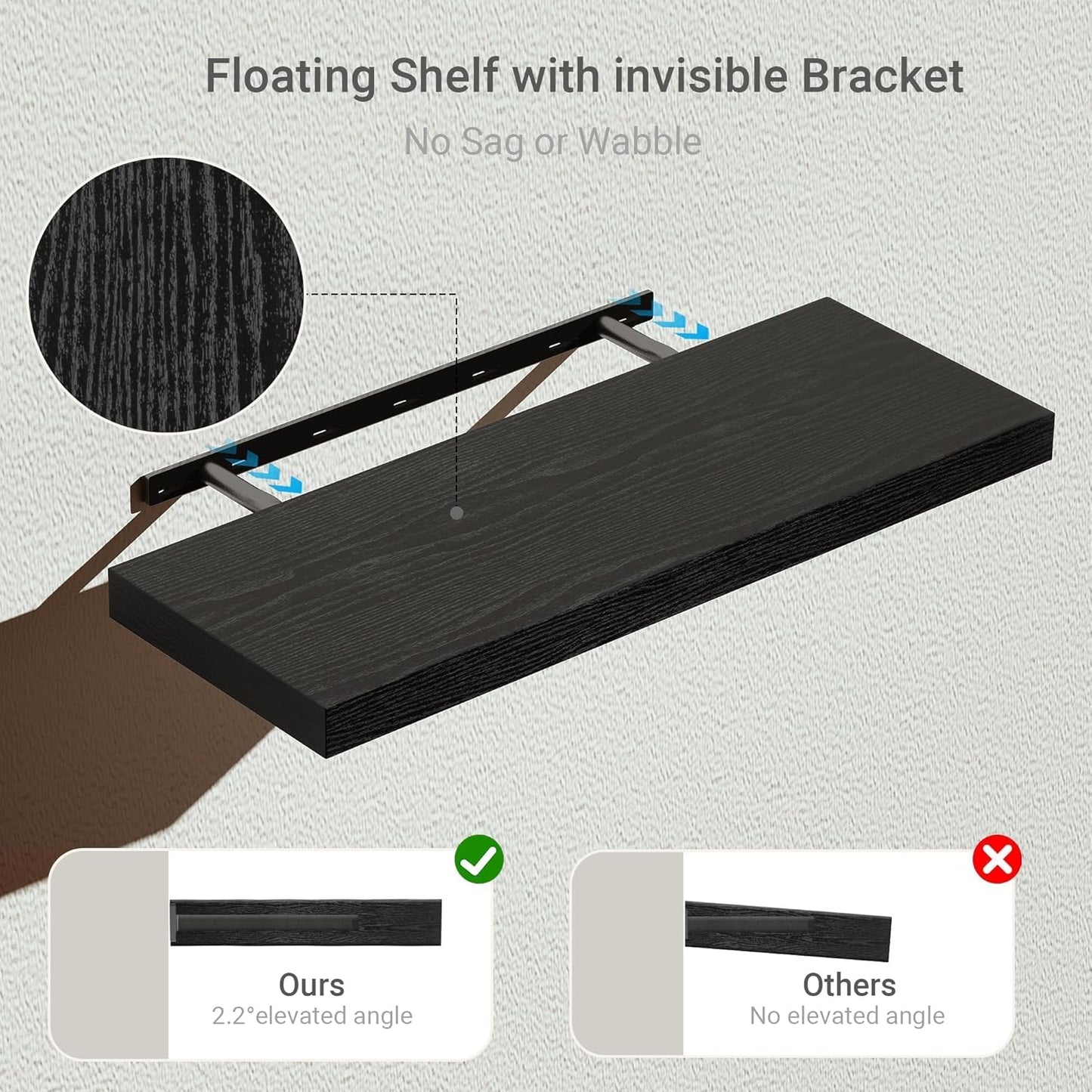 Vivelove Black Floating Shelves for Wall Mounted, 24 inchs x 9.1” Deep x 1.6” Thick Wall Shelves for Bedroom, Living Room, Bathroom，Kitchen, Office, Home Decor Shelf with Invisible Bracket - Set of 2