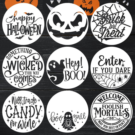 Halloween Stencils for Painting on Wood 12inch Large Reusable Halloween Stencil for Door Hanger Round Skeleton Ghost Boo Templates for Door Mat Fabric