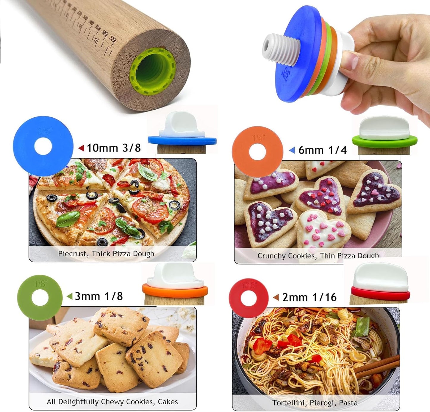 Adjustable Rolling Pin 4 Set and Silicone Baking Pastry Mat Setpastry,Siliconebrush and spatul,AdjustableThickness Rings,Wooden Dough Roller Rolling Pins for Baking Dough, Pizza, Pie