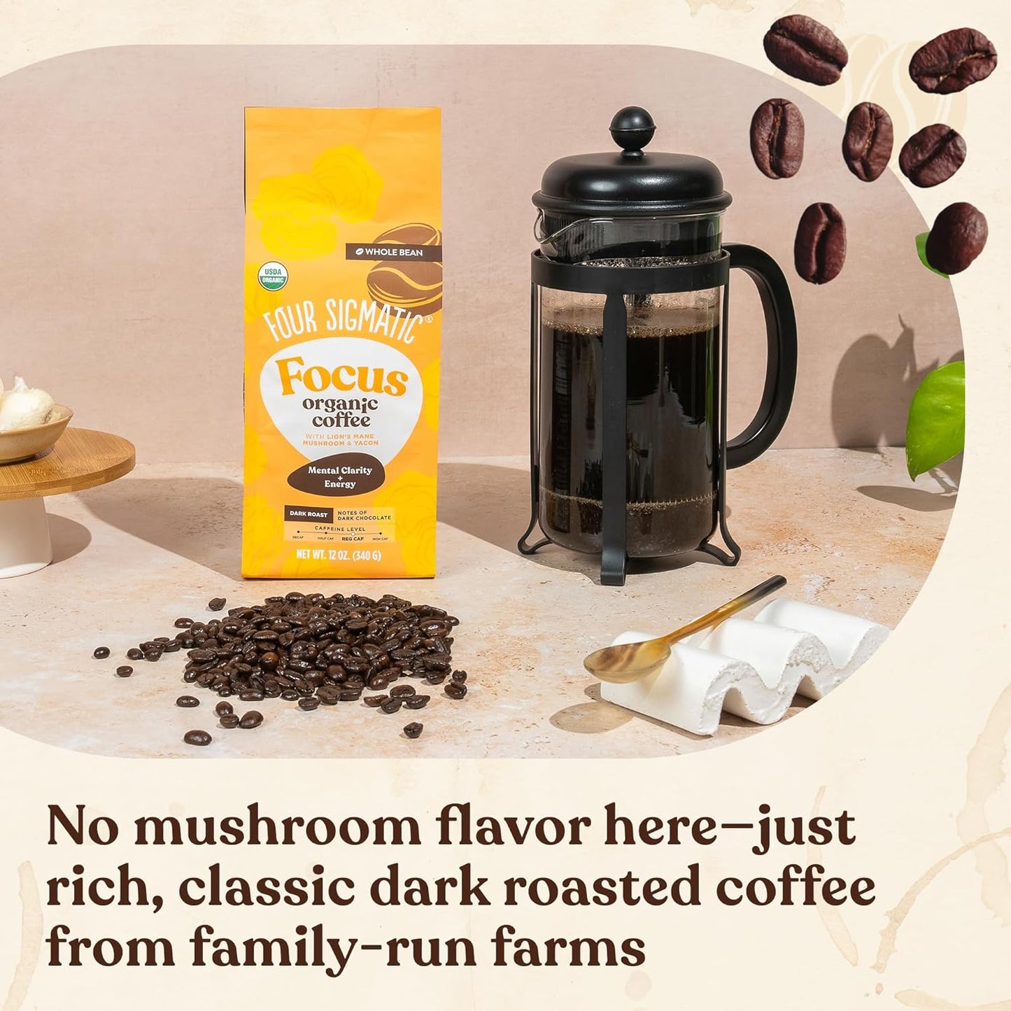 Four Sigmatic Dark Roast Organic Whole Bean Coffee | Gourmet Nootropic Mushroom Coffee Beans with Lion's Mane & Chaga Mushrooms for Enhanced Brain Function and Immune Support | 12oz